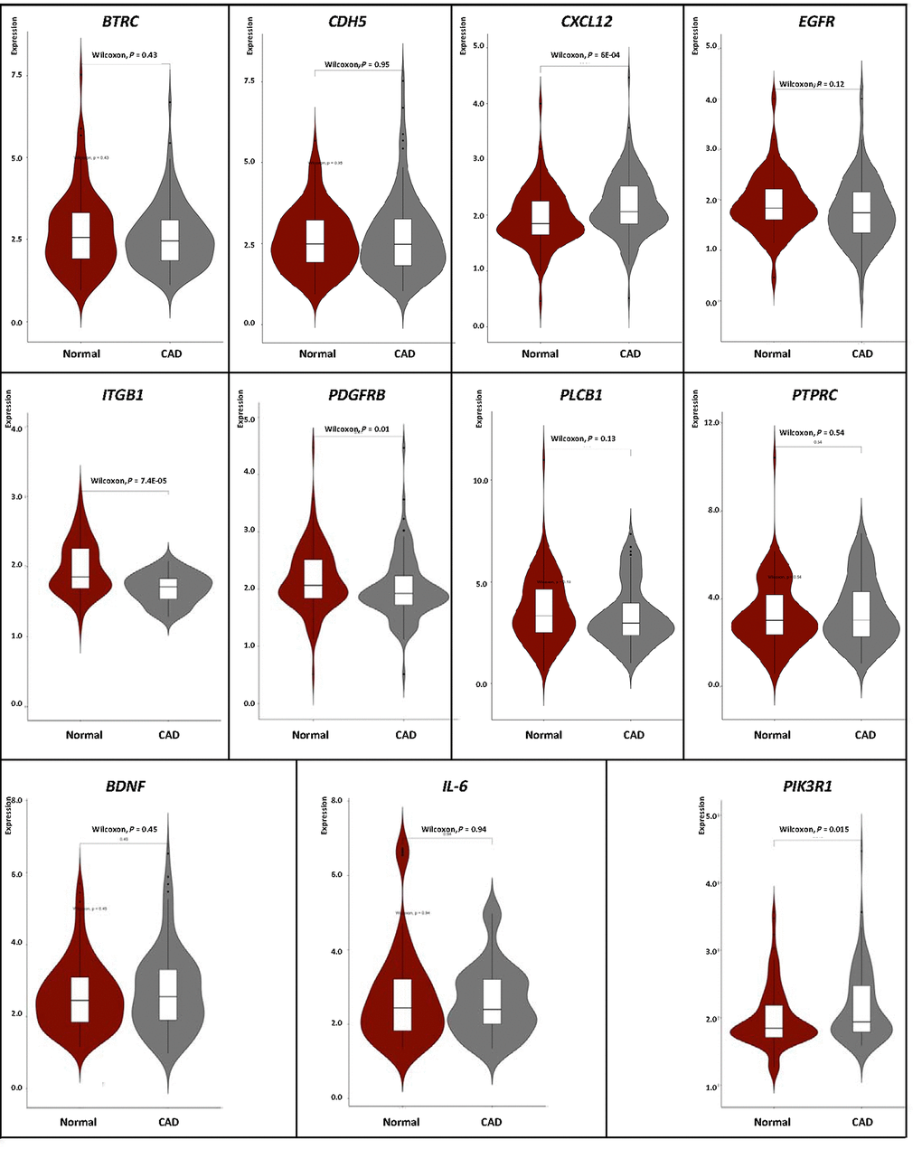 Verification of mRNA expression of interest between CAD and healthy samples.