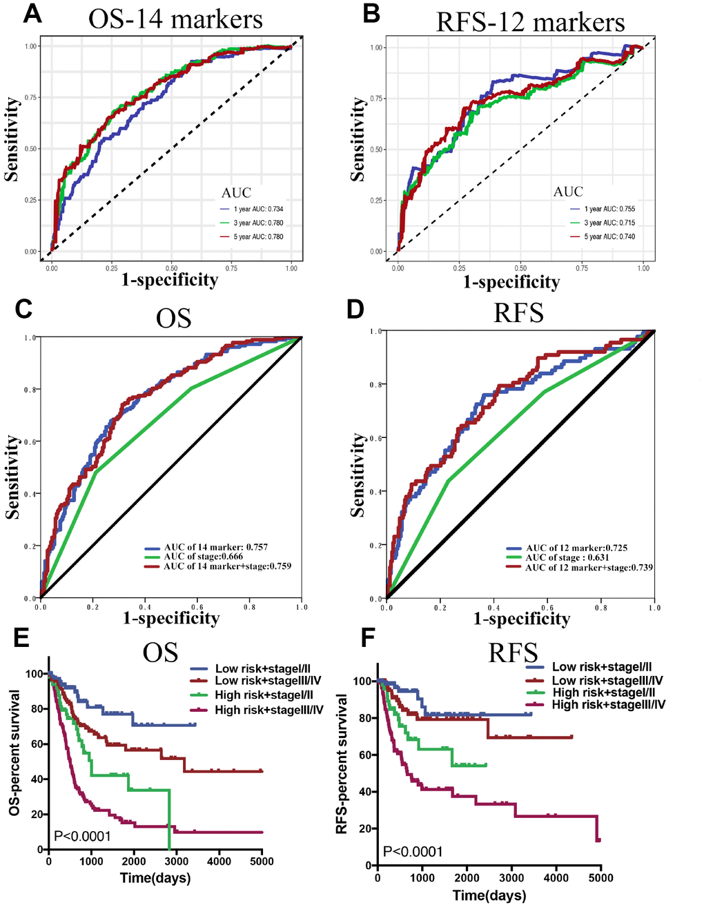 (A and B) Time dependent ROC curves at 1, 3 and 5 years, separately for OS and RFS. (C and D) The ROC for the lncRNA-score, stage, and lncRNA-score combined with stage for OS and RFS in whole BLCA cohorts. (E and F) Survival curves of BLCA patients with combinations of lncRNA-score risk and stage in the whole cohorts for OS and RFS.