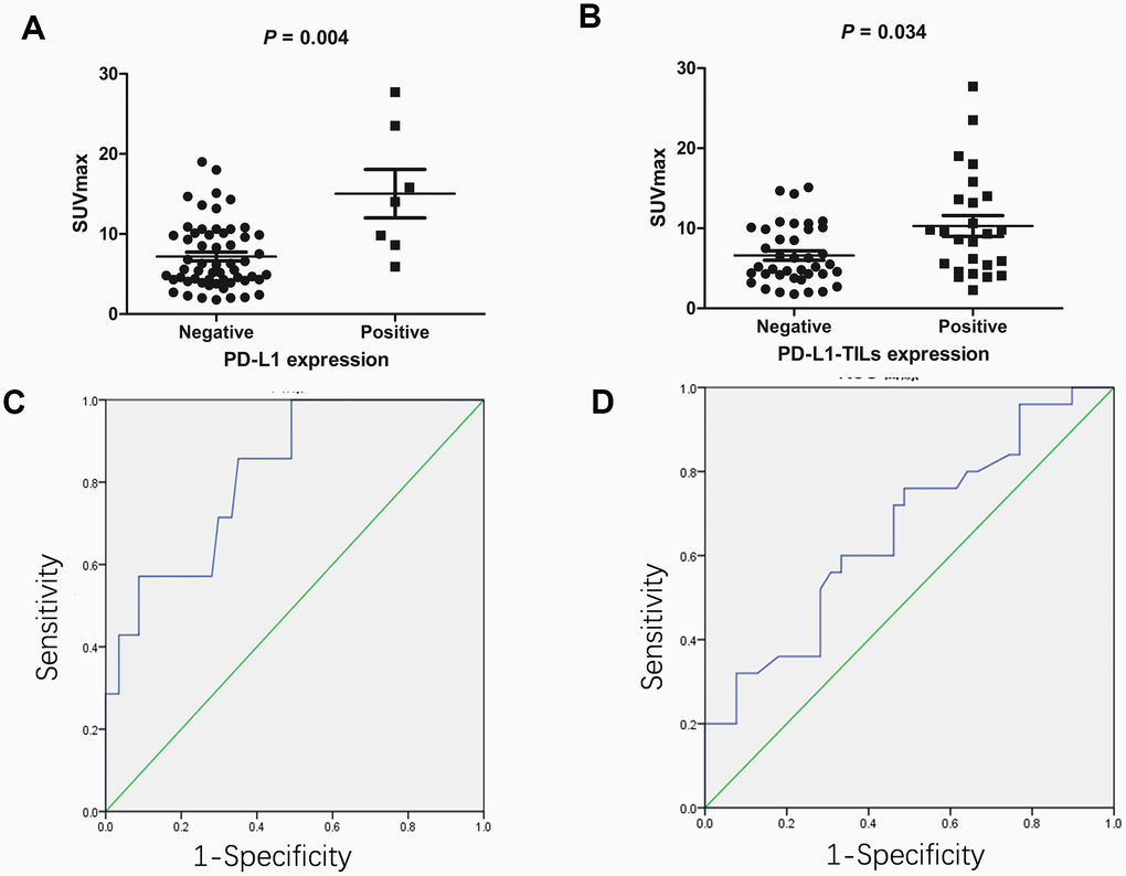 The association between 18F-FDG accumulation and PD-L1/PD-L1-TILs status in gastric cancer (n=64). (A) The association between 18F-FDG accumulation and PD-L1 status. Gastric cancers with positive PD-L1 had higher SUVmax compared with those lacking PD-L1 (15.0 ± 8.0 vs. 7.2 ± 4.2, respectively; P = 0.004). (B) The association between 18F-FDG accumulation and PD-L1-TILs status. Gastric cancers with positive PD-L1-TILs had higher SUVmax compared with those lacking PD-L1-TILs (10.3 ± 6.5 vs. 6.6 ± 3.7, respectively; P = 0.034). (C) ROC analysis of SUVmax for predicting PD-L1 status. When the cutoff threshold of SUVmax was 8.55, the sensitivity and specificity to predict PD-L1 status was 85.7% and 64.9%, respectively. The area under curve was 0.822 (95% CI: 0.674-0.97; P = 0.006). (D) ROC analysis of SUVmax for predicting PD-L1-TILs status. When the cutoff threshold of SUVmax was 7.9, the sensitivity and specificity to predict PD-L1-TILs was 60.0% and 66.7%, respectively. The area under curve was 0.658 (95% CI: 0.52-0.796; P = 0.034).