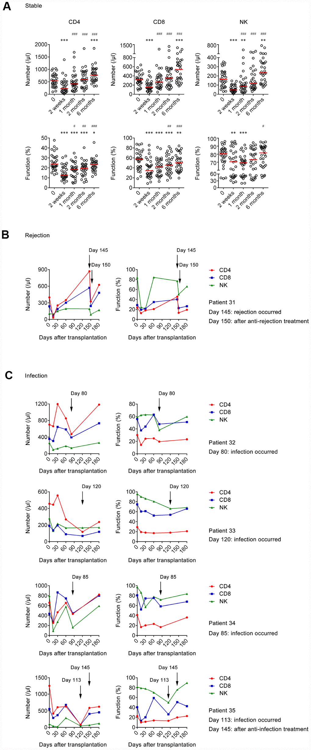 The number and function of lymphocytes in transplant recipients at different time points. (A) Scatter plots showing the number and function of CD4+, CD8+ T cells, and NK cells in stable group (n=30) at pretransplantation, 2 weeks, 1 month, 2 months, and 6 months after transplantation. Horizontal lines indicate the median. *P P P #P ##P ###P B) Line diagrams showing the number and function of CD4+, CD8+ T cells, and NK cells at different days after transplantation in 1 rejection patient. (C) Line diagrams showing the number and function of CD4+, CD8+ T cells, and NK cells at different days after transplantation in 4 infection patients.