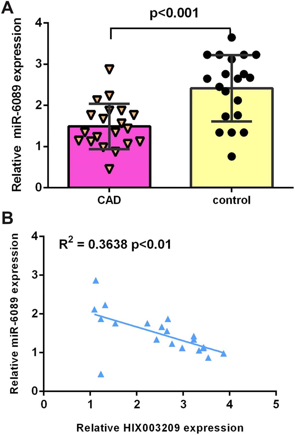 miR-6089 expression was downregulated in CAD. (A) The expression of miR-6089 was decreased in atherosclerotic coronary tissues compared to normal coronary artery samples. (B) There is a negative association between expression of HIX003209 and miR-6089 in atherosclerotic coronary tissues. U6 was used as internal control.