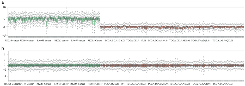 Batch correction of queued datasets from TCGA and ICGC. (A) Gene datasets were validated before normalization. (B) Gene datasets were illustrated after normalization.