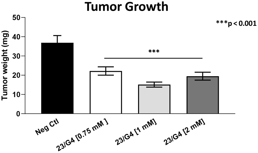 Effects of the Mitoriboscin 23/G4 on tumor growth. The Mitoriboscin 23/G4 was tested at higher concentrations of 0.75, 1 and 2 mM. Note that 23/G4, at these concentrations, inhibited tumor growth (by 40% to 60%). Averages are shown + SEM. ***p
