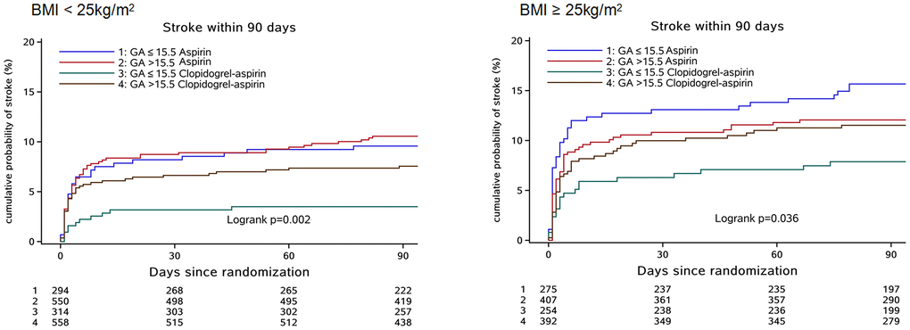 Cumulative incidence of new stroke according to BMI status and GA levels. Abbreviation: BMI, body mass index; GA, glycated albumin; Stroke included ischemic and hemorrhagic stroke.