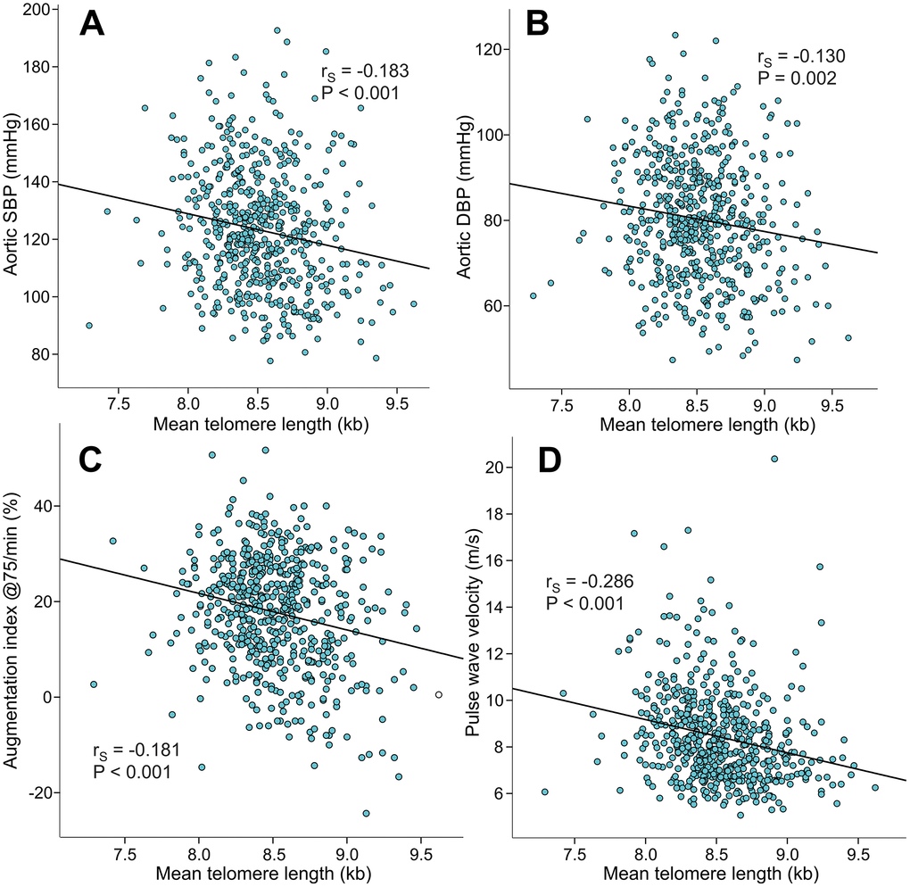 Scatter plots and Spearman correlations (rS) between mean leukocyte telomere length and aortic systolic blood pressure (A), aortic diastolic blood pressure (B), augmentation index at heart rate 75/min (C), and pulse wave velocity (D) in the 566 study subjects.