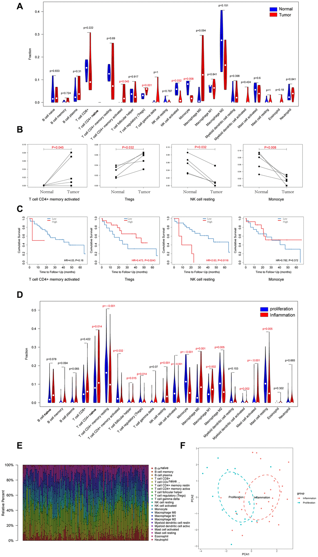 Landscapes of Immune Cell Infiltration between CCA and Precancerous Tissues, and between Proliferation and Inflammation Types of CCA. (A) 22 types of immune infiltrating cells in RNA high-through sequencing data between CCA and precancerous tissues; (B) Four types of immune infiltrating cells which are significant different between CCA and precancerous tissues; (C) Overall survival of four types of immune infiltrating cells which are significant different in CCA; (D) 22 types of immune infiltrating cells in GSE32225 data between proliferation and inflammation groups; (E) Stacked bar chart shows proportion of 22 immune infiltrating cells in each sample; (F) PCA (Principal components analysis) based on the content of 22 types of immune infiltrating cells indicated that inflammation and proliferation groups of CCA were generally distributed in two different directions in inflammation group and proliferation group respectively.