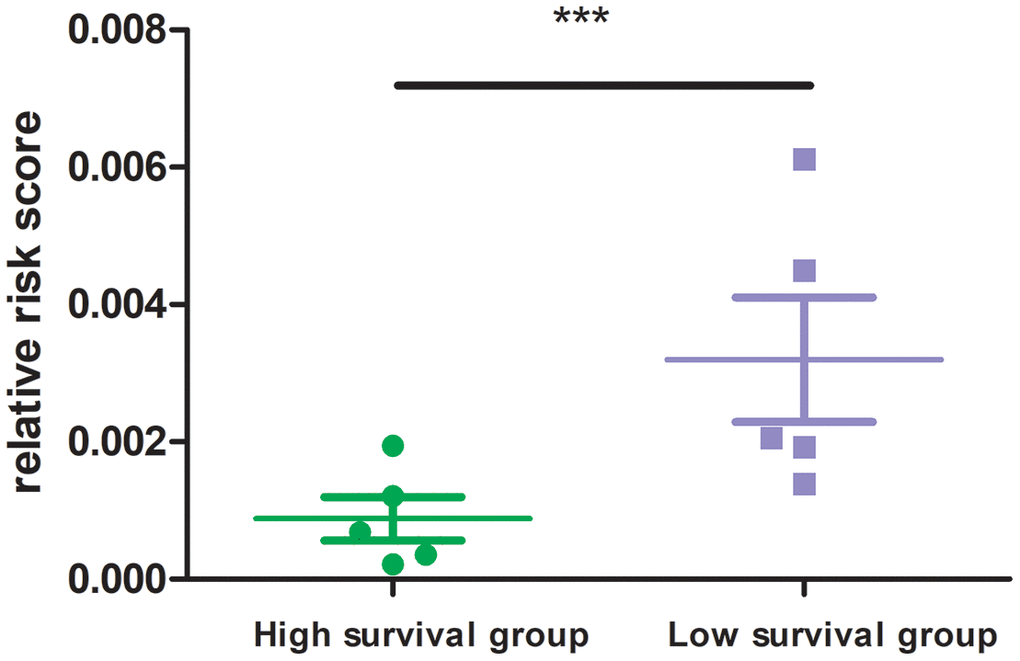 Risk score of high and low survival time group. 8 MRGs mRNA level was performed by quantitative PCR. GAPDH was used for normalization.