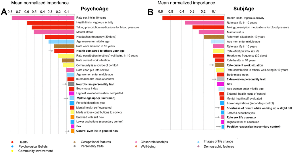 PsychoAge and SubjAge use the same variables to predict chronological and subjective age, but assign different importance to them. (A) Top-25 important features for estimating chronological age with PsychoAge. Features not present in the SubjAge top-25 list (marked by arrows): “health compared to others your age”, “neuroticism personality trait”, “middle age upper limit (men)”, “control over life in general now for psychological age prediction. (B) Top-25 important features for estimating subjective age with SubjAge. Features not present in the PsychoAge top-25 list (marked by arrows): “rate current work situation”, “extraversion personality trait”, “openness personality trait”, “shortness of breath while walking up a slight hill”, “rate sex life currently”, “positive reappraisal (secondary control)”. Mean importance is the normalized mean of PFI and DFS importance scores.