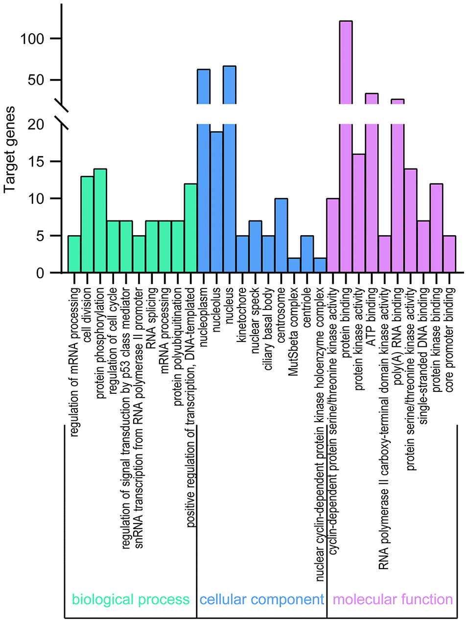 GO enrichment of TA-CDKs and their closest 200 neighboring genes. Significant GO terms across the CC, BP, and MF categories were extracted using DAVID 6.8.