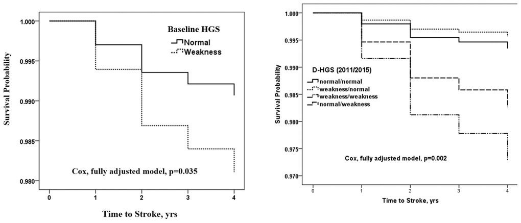 Cox regression of fully adjusted model for the cumulative risk of Stroke grouped by HGS. Fully adjusted model shows adjustments for age, gender, marriage status, education level and place of residence, smoking behavior, alcoholic intake, BMI, hypertension, glucose, total cholesterol and C-reactive protein. Abbreviations: 1. HGS: hand grip strength. 2. D-HGS: according to HGS status in 2011 and 2015, we classified all participants into four groups: normal/normal, weakness/normal, weakness/weakness and normal/weakness.