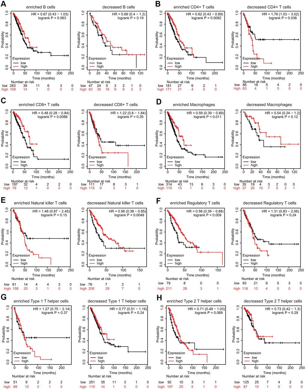 Effects of FPN1 on survival based on multiple immune cell subgroups in LUAD. (A–H) Associations of FPN1 and OS in diverse immune cell subgroups in LUAD patients.