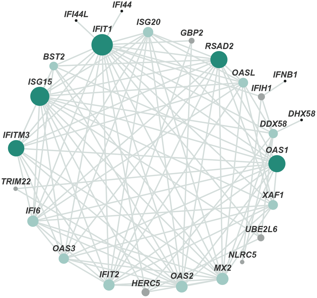 Protein–protein interaction network of DEGs. The main network cluster of DEGs was mapped from 205 genes and 300 relationships. Each node represents a protein and each edge represents an interaction between two proteins. Node color from black to green represents lowest to highest betweenness centrality (BC). The size of each node corresponds to the degree (number of connections).