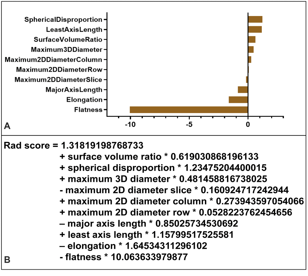 Radiomics signature score (rad-score) calculation. (A) Radiomic features ranked by coefficients of the least absolute shrinkage and selection operator (LASSO) binary logistic regression model. The flatness was the most correlated indicator with IA rupture. (B) Radiomics signature (rad-score) was constructed from a linear combination of selected features that were weighted based on their respective LASSO coefficients.