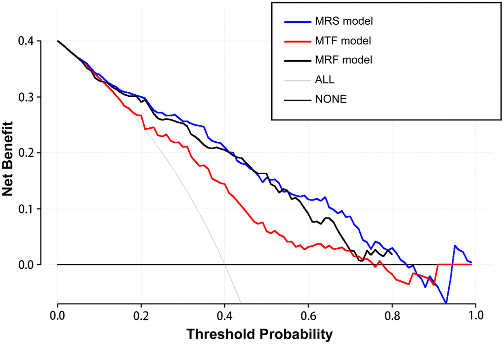 The decision curve analysis demonstrates the morphology-based radiomics signature model (MRS model) has a larger net benefit compared with the morphology-based radiomics features model (MRF model) and morphology-based traditional features model (MTF model) for the assessment of aneurysm rupture risk.