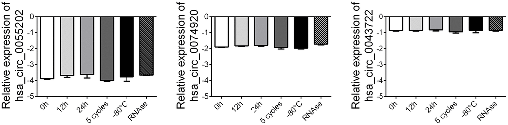 Stability detection of the four circRNAs in human plasma. RT-qPCR was applied for detecting the expression level of the three circRNAs. Data was presented as mean ± SEM with log-transformed. No significant difference was observed in each group.