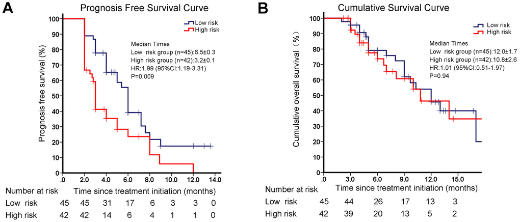 Survival analyses in different groups of disease progression risk classified by the radiomics model. (A) Progression-free survival (PFS) in different groups of disease progression risk. (B) Overall survival (OS) in different groups of disease progression risk.