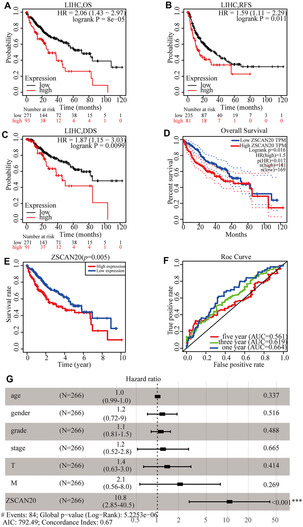 ZSCAN20 expression was associated with poor survival in HCC patients. (A–C) Survival curves using the Kaplan-Meier plotter are shown for OS, RFS, and DSS. (D) Survival curves using GEPIA is shown for OS. (E) Associations with overall survival and the expression of ZSCAN20 in TCGA patients. (F) ROC, receiver operating characteristic; ROC curve sensitivity and specificity analysis of LIHC, AUC, area under the curve. (G) A forest plot showed the correlation between ZSCAN20 expression and clinicopathological parameters in LIHC patients. *P P P 