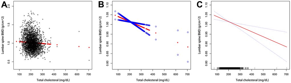 The association between serum total cholesterol and lumbar bone mineral density. (A) Each black dot represents a sample. (B, C) The solid arc line represents the smooth curve fit between the variables. The blue bar represents the 95% confidence interval of the fit. Adjustments were made for age, gender, race/ethnicity, physical activity, income poverty rate, blood urea nitrogen, serum urea, total protein, blood phosphorus, and blood calcium.