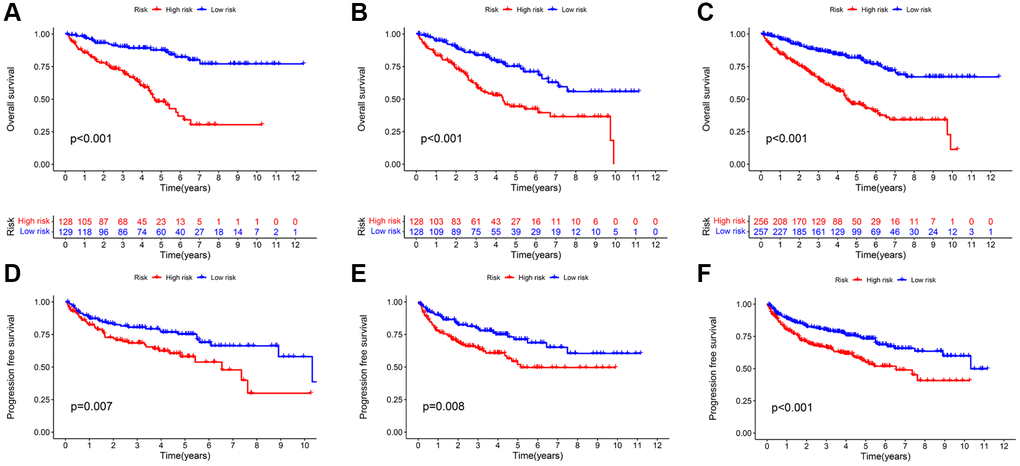Kaplan-Meier survival analysis based on TRLs prognostic signature. The OS rates (A–C) and PFS rates (D–F) of different risk groups in the training; testing; and entire cohorts; respectively.