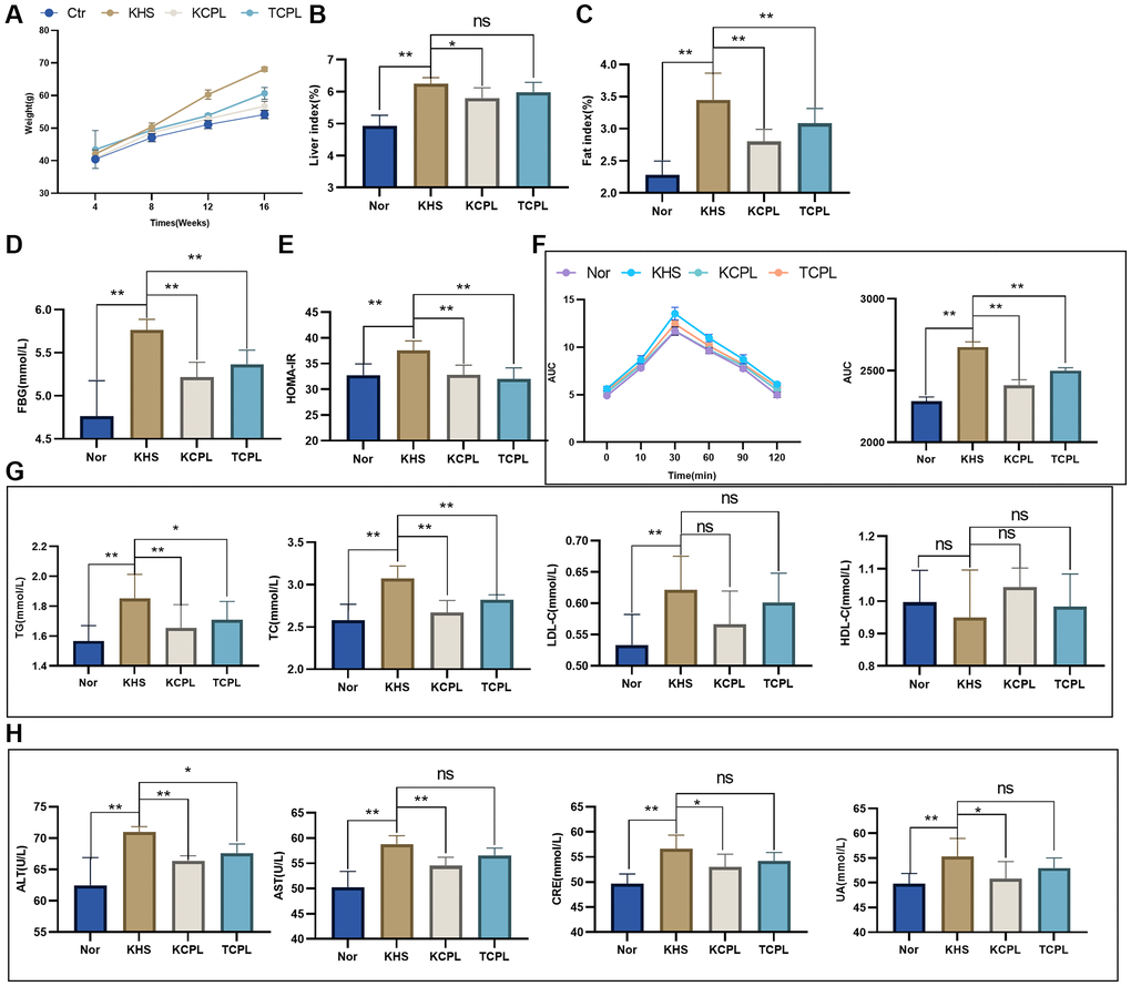Fecal microbiota transplantation (FMT) experiments confirmed that CPLs alleviated high-sucrose diet-induced obesity by regulating gut microbes. (A) Weights of the mice. (B) Liver indices. (C) Fat index. (D) Fasting blood glucose (FBG) level. (E) Homeostasis model assessment of insulin resistance (HOMA-IR). (F) The oral glucose tolerance test (OGTT) and area under the curve (AUC) were calculated for blood glucose levels during the OGTT. (G) Serum lipid levels. (H) Hepatic and renal function. n = 6 mice per group. The data are presented as the mean ± SEM. Statistical analysis was performed using Student’s t test. *p **p 