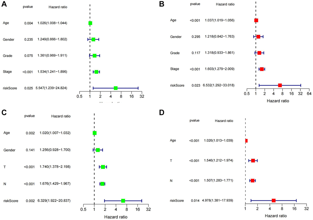 Assessment of the independent prognostic role of TSRS. (A, B) Univariate and Multivariate Cox analysis of TSRS and clinical characteristics in TCGA. (C, D) Univariate and Multivariate Cox analysis of TSRS and clinical characteristics in GEO.