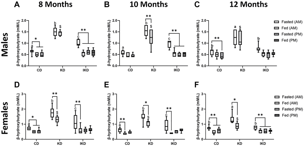 Elevation of circulating level of β-hydroxybutyrate (BHB) with IKD and KD in TgF344-AD rats. Mean circulating BHB levels (± SEM) were measured in male (A–C, n = 7–10/group) and female (D–F, n = 8/group) rats fed control diet (CD), intermittent ketogenic diet (IKD) or ketogenic diet (KD). Pre- and postprandial measurements were taken at 8 (A, D), 10 (B, E) and 12 (C, F) months of age (2, 4, or 6 months after initiation of diet). Data were analyzed by repeated measures two-way ANOVA followed with the Tukey’s post-hoc pairwise comparisons. *p **p p $ denote difference (p p 