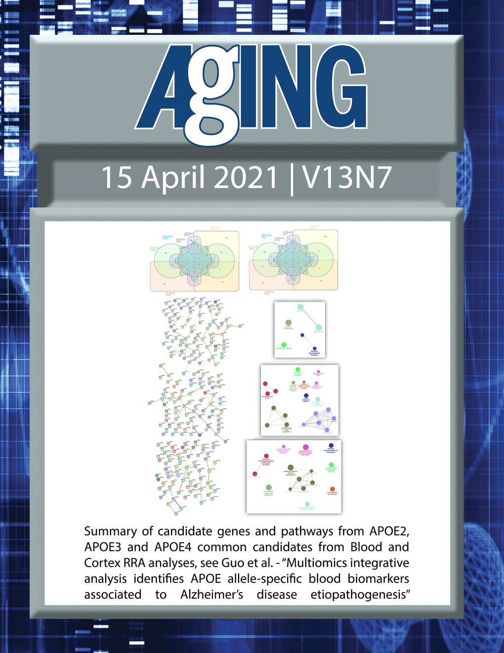 The cover features Figure 4 "Summary of candidate genes and pathways from APOE2, APOE3 and APOE4 common candidates from Blood and Cortex RRA analyses“ from Guo et al.