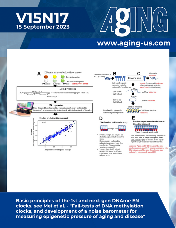 The cover features Figure 1 "Basic principles of the 1st and next gen DNAme EN clocks" from Mei et al.&nbsp;